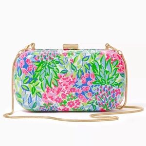Lilly Pulitzer A Cherry On Top Floral Hard Shell‎ Crossbody Clutch Gold Chain